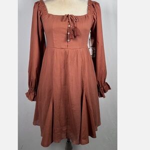 NWT Chelsea Violet Girls Mixed Media Puff Sleeve Smocked Back Dress in Rust